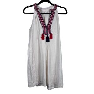 THML Ivory Sleeveless Cotton Dress with Embroidered Neckline & Tassels Small